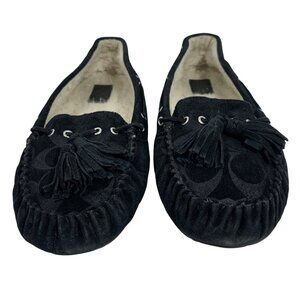 COACH Anita Black Suede Shearling-Lined Moccasin Slippers Tassels Womens SZ 10B